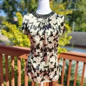 ETRO Italy Silk Champagne Blouse Beaded Collar With Black & Bronze Hardware US 8